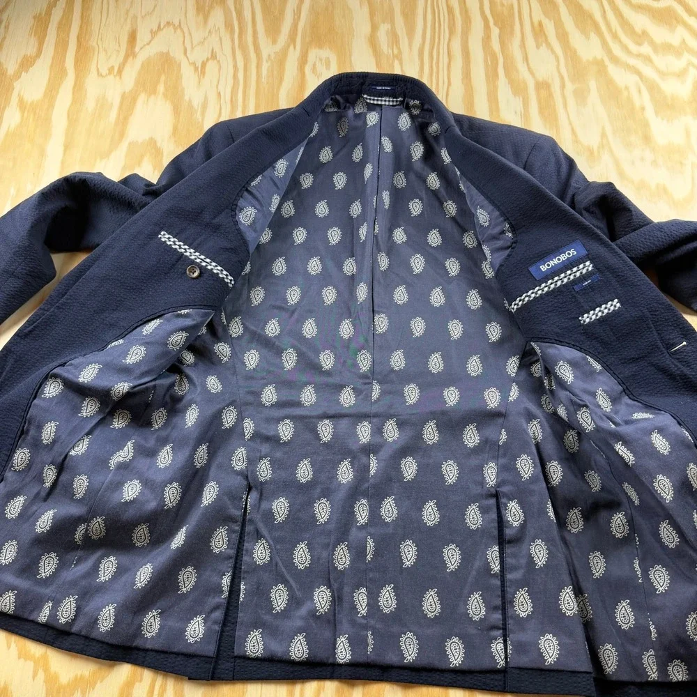 Bonobos Mens 38R Slim Fit Seersucker Blazer Navy Blue Cotton Unconstructed Coat
